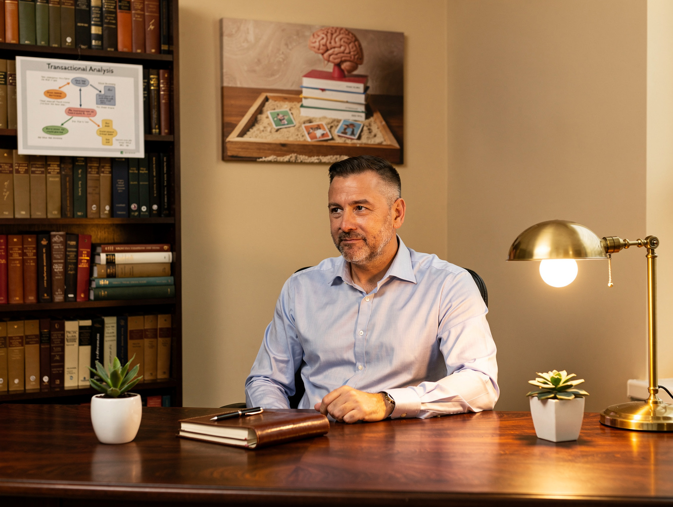 Alex Rivera in a calm, professional therapy office
