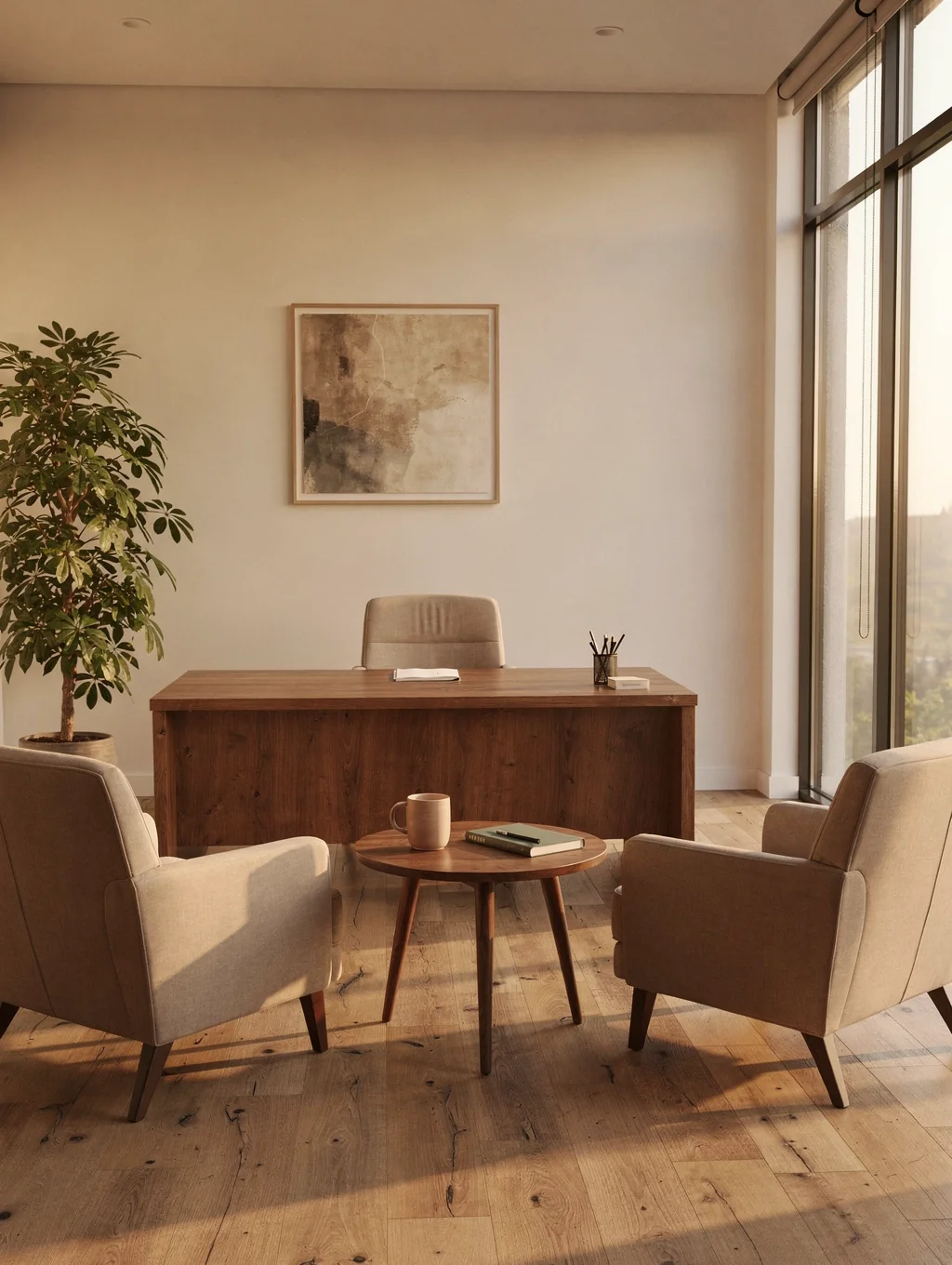 Calm therapy office with natural light and plants