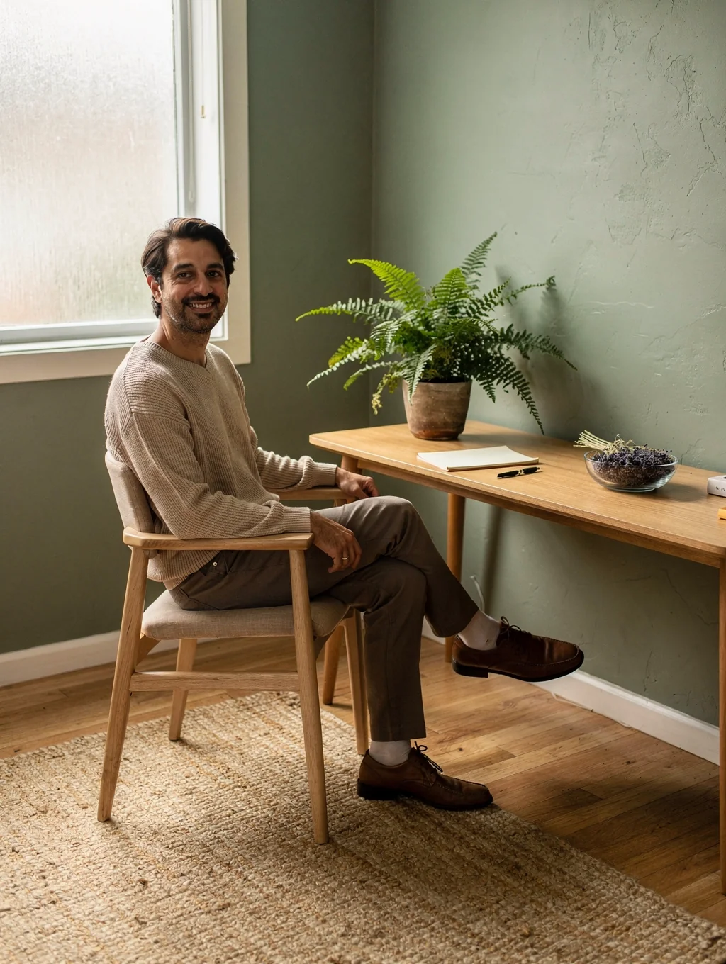 Alex Rivera in a calm, sunlit therapy office